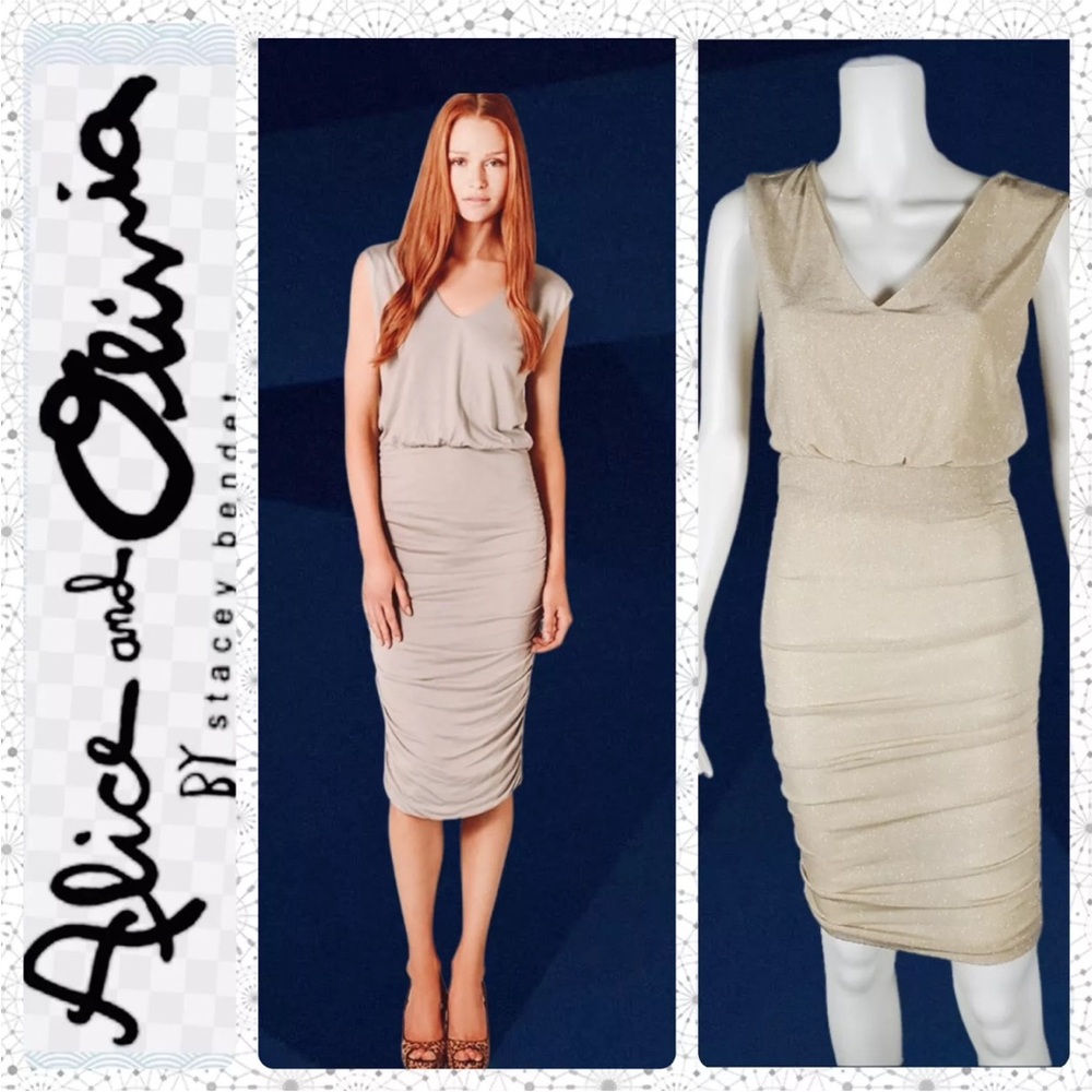 Alice + Olivia Dress Slinky Ruched Sleeveless Gold Sparkle Cocktail Dress MIDI